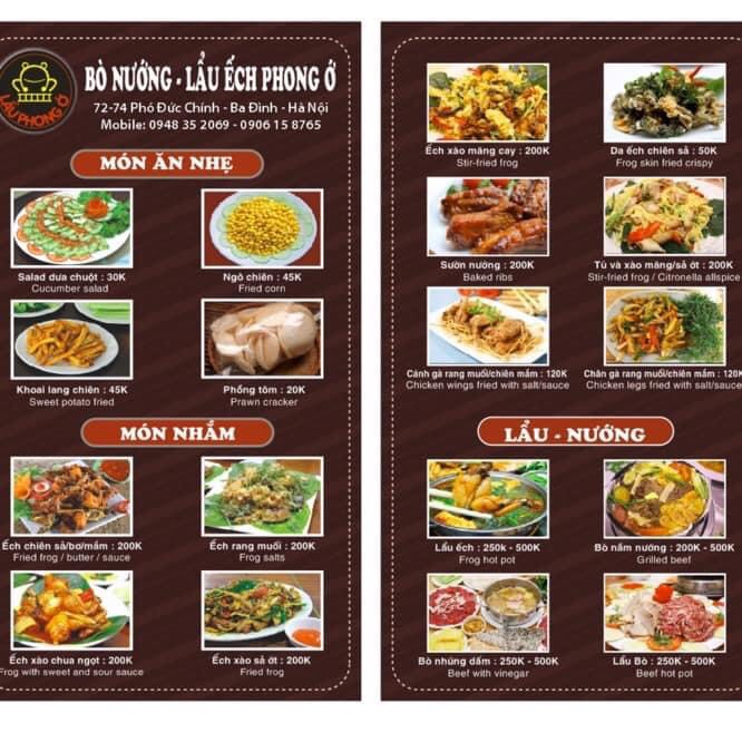 lẩu ếch Phong Ớ menu/thực đơn/giá