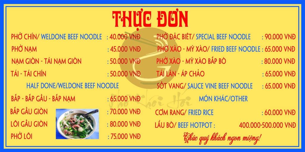 Phở Bò Khôi Hói menu/ thực đơn/ giá
